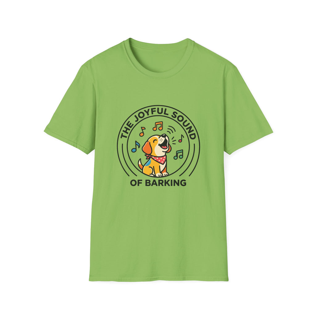 The Joyful Sound of Barking T-shirt flat lay, kiwi green shirt featuring a circular badge graphic of a cartoon yellow dog with a red bandana howling joyfully with musical notes and the text 'The Joyful Sound of Barking.'