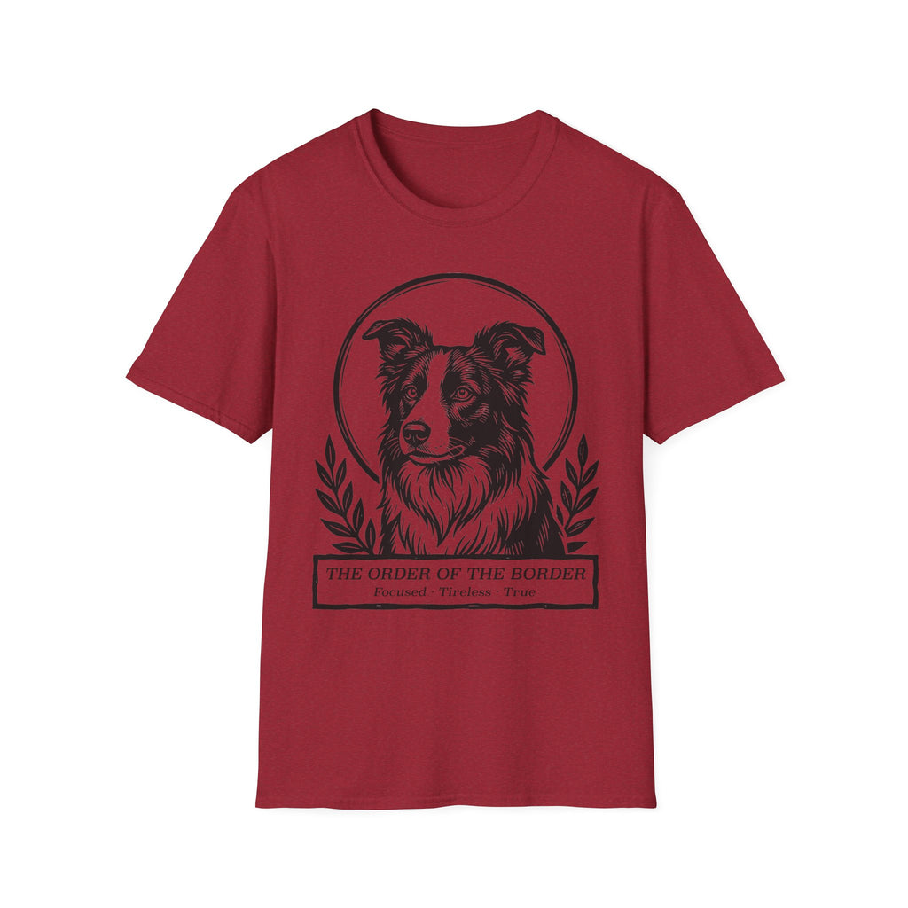 Holy Orders | Border Collie T-Shirt detail view featuring a stained glass style illustration of a Border Collie depicted as a holy figure with a golden halo and the text 'Holy Orders.'
