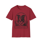 Holy Orders | Border Collie T-Shirt detail view featuring a stained glass style illustration of a Border Collie depicted as a holy figure with a golden halo and the text 'Holy Orders.'
