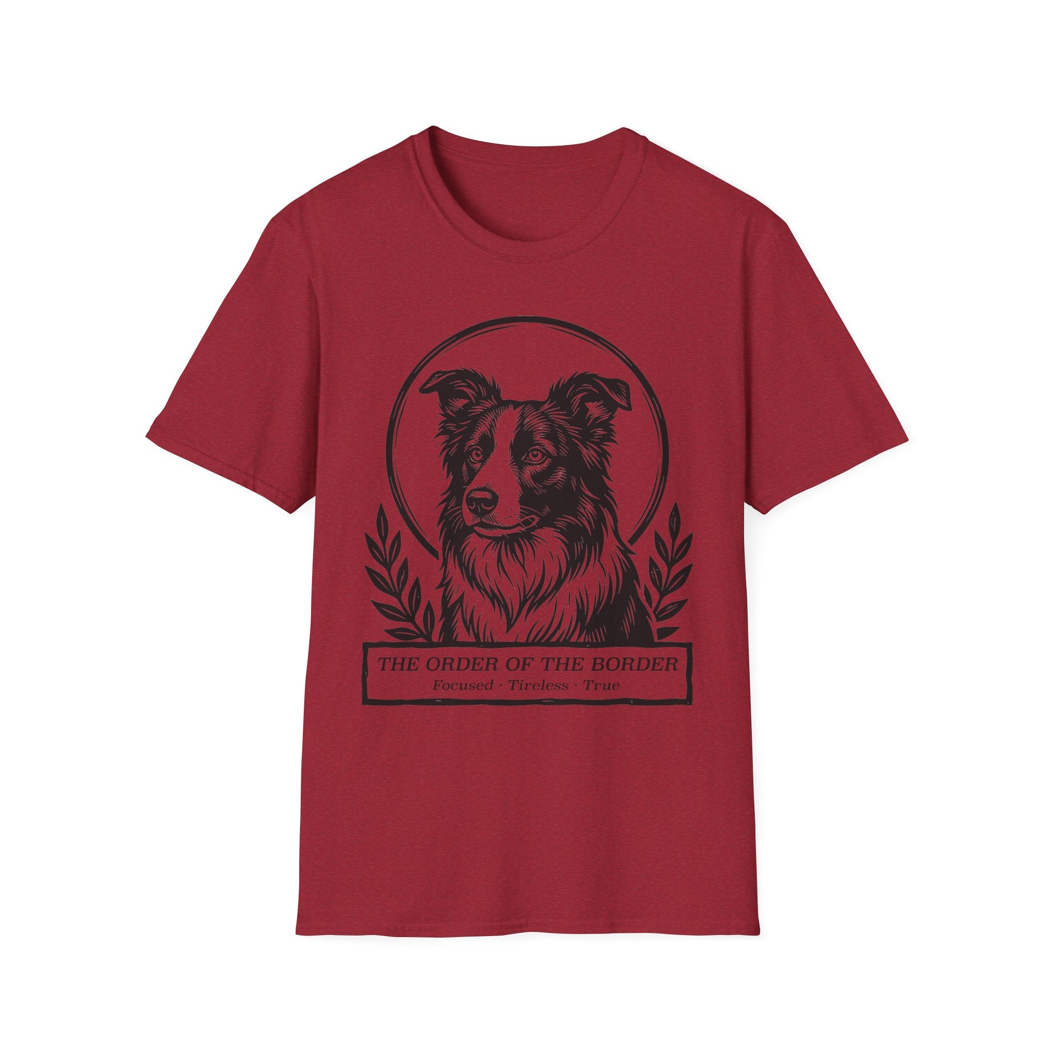 Holy Orders | Border Collie T-Shirt detail view featuring a stained glass style illustration of a Border Collie depicted as a holy figure with a golden halo and the text 'Holy Orders.'