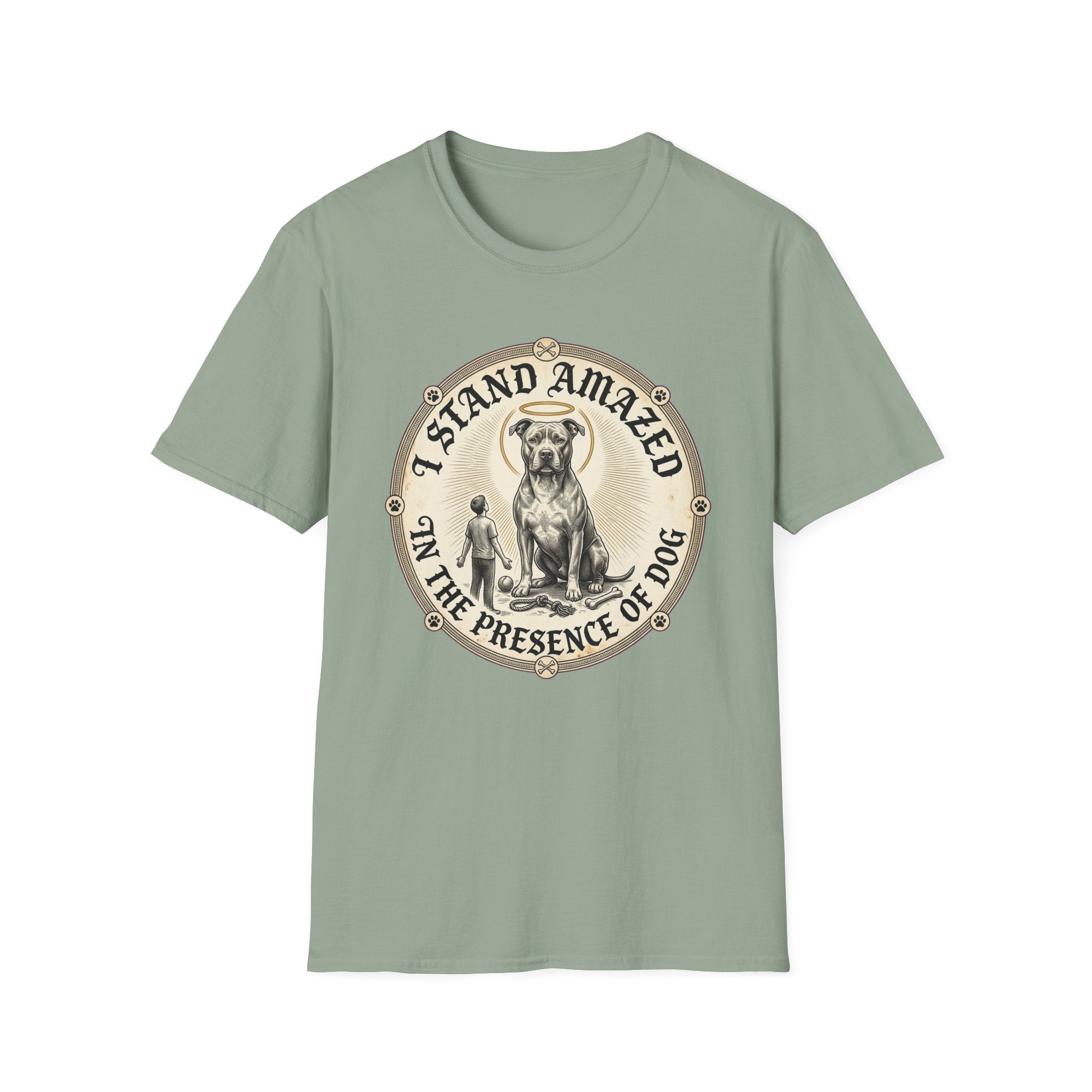 I Stand Amazed Pitbull T-Shirt in sage green, flat lay front view showing a vintage-style circular graphic of a pitbull with a halo seated above a small human figure, with the text 'I Stand Amazed in the Presence of Dog.'