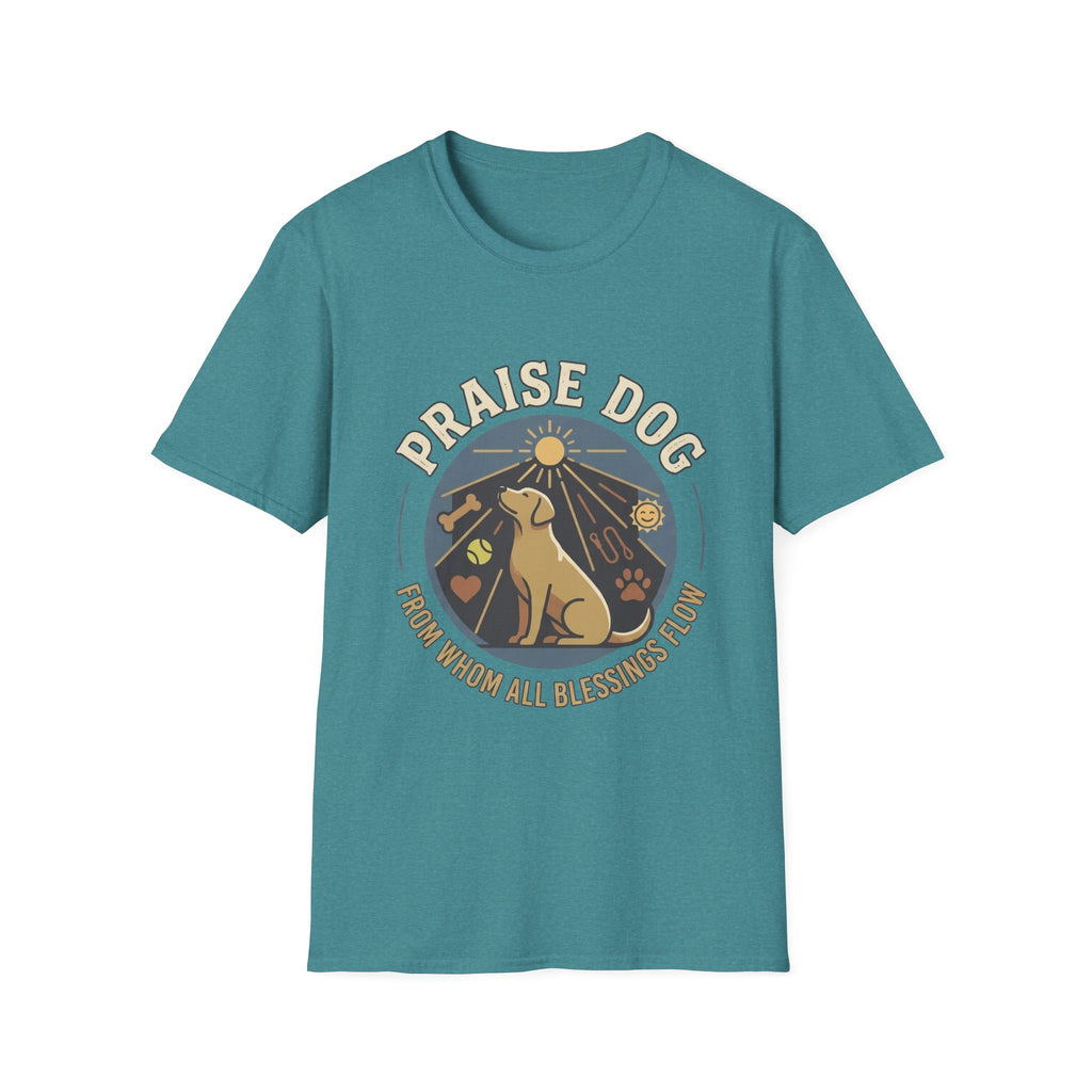 Praise Dog From Whom All Blessings Flow Labrador T-Shirt flat lay in teal blue, featuring a circular badge graphic of a golden Labrador gazing upward at a sunburst, surrounded by icons of a bone, tennis ball, paw print, and smiley face.