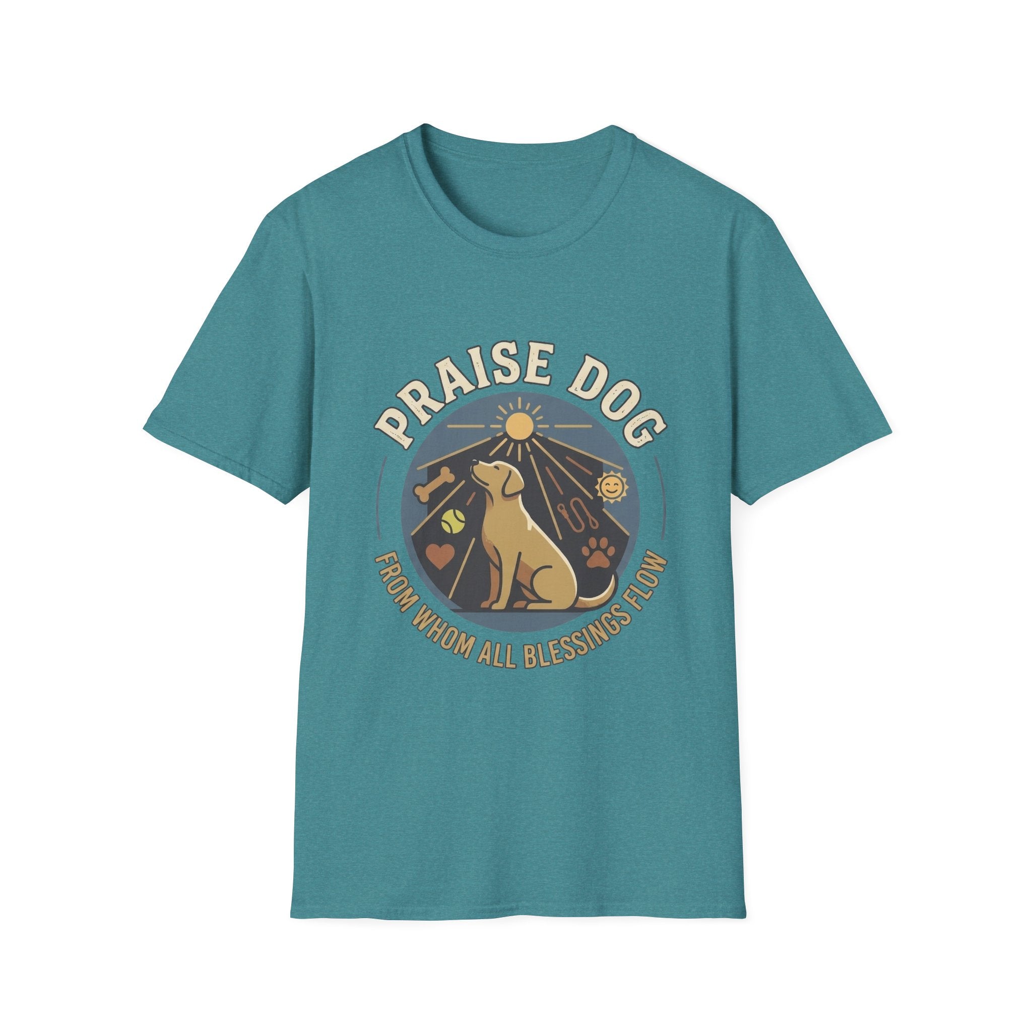 Praise Dog From Whom All Blessings Flow Labrador T-Shirt flat lay in teal blue, featuring a circular badge graphic of a golden Labrador gazing upward at a sunburst, surrounded by icons of a bone, tennis ball, paw print, and smiley face.