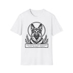 Holy Orders | German Shepherd T-Shirt flat lay on white shirt featuring a stained glass style illustration of a German Shepherd depicted as a holy figure with a golden halo and the text 'Holy Orders.'
