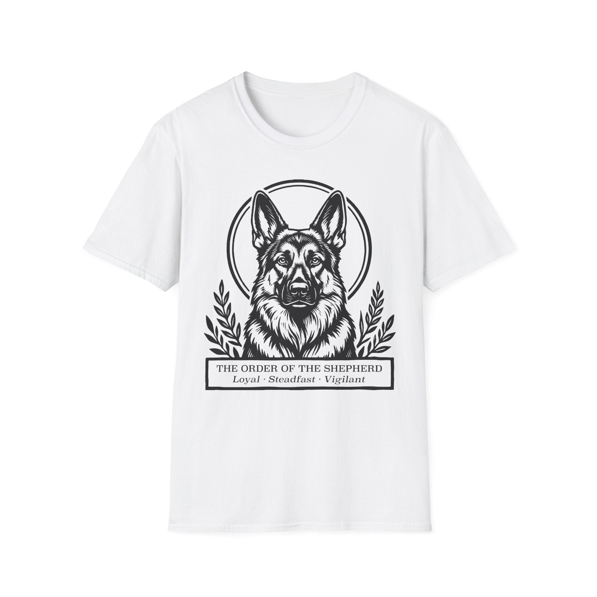 Holy Orders | German Shepherd T-Shirt flat lay on white shirt featuring a stained glass style illustration of a German Shepherd depicted as a holy figure with a golden halo and the text 'Holy Orders.'