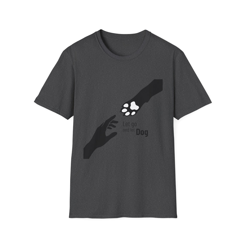 Let Go Let Dog Paw T-Shirt, flat lay on dark heather grey tee featuring a bold silhouette graphic of a human hand reaching toward a dog paw with the text Let go and let Dog.