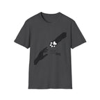 Let Go Let Dog Paw T-Shirt, flat lay on dark heather grey tee featuring a bold silhouette graphic of a human hand reaching toward a dog paw with the text Let go and let Dog.