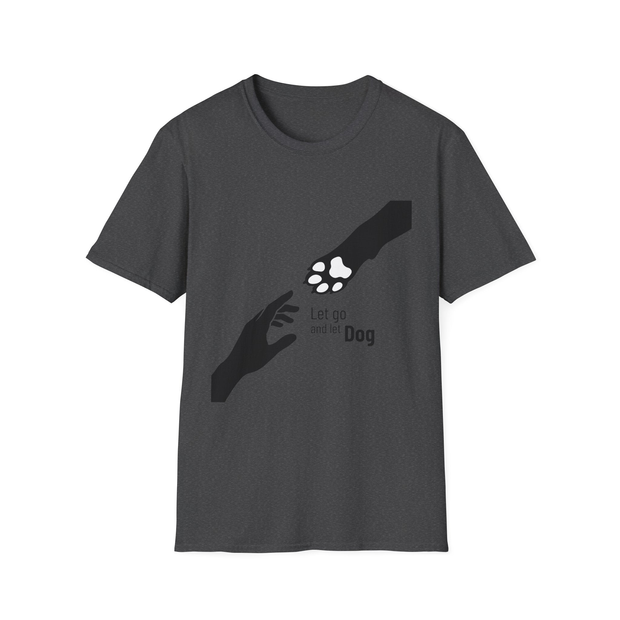Let Go Let Dog Paw T-Shirt, flat lay on dark heather grey tee featuring a bold silhouette graphic of a human hand reaching toward a dog paw with the text Let go and let Dog.