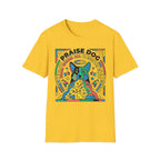 Praise Dog From Whom All Blessings Flow Geometric T-Shirt flat lay in yellow, featuring a bold pop-art style graphic of a colorful geometric dog with a halo, surrounded by stars, thumbs up, and dog toy icons in vivid primary colors.