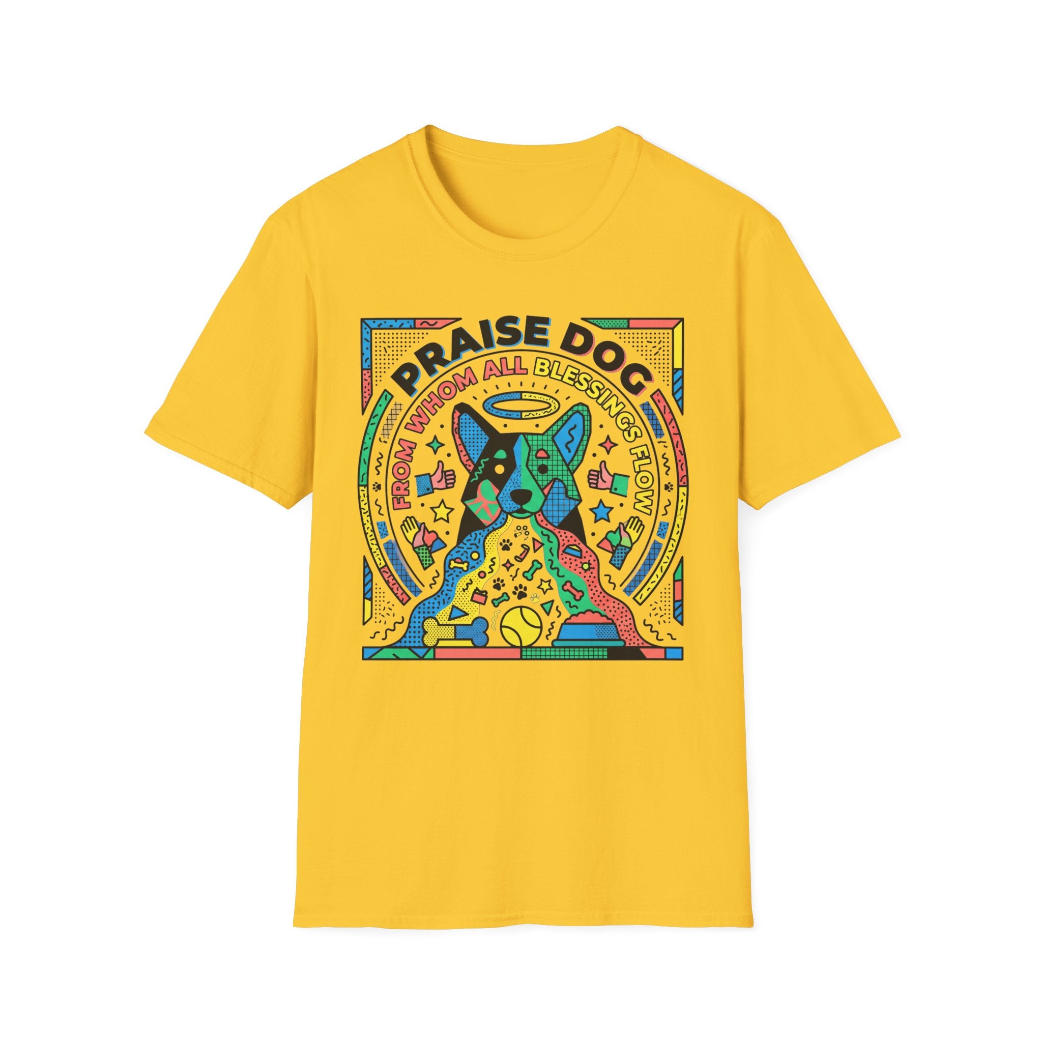 Praise Dog From Whom All Blessings Flow Geometric T-Shirt flat lay in yellow, featuring a bold pop-art style graphic of a colorful geometric dog with a halo, surrounded by stars, thumbs up, and dog toy icons in vivid primary colors.