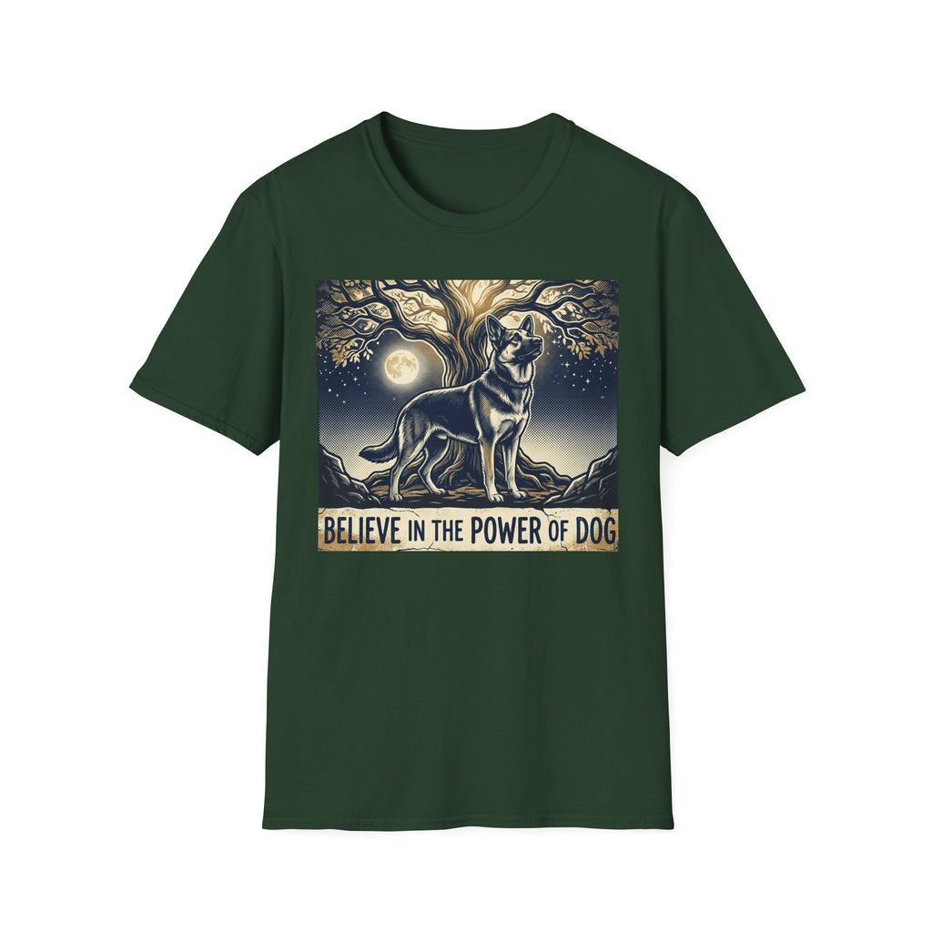 Believe in the Power of Dog German Shepherd T-shirt flat lay in forest green, featuring a vintage-style illustration of a German Shepherd standing under a moonlit tree with the text "Believe in the Power of Dog."