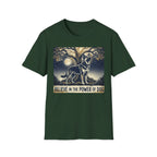 Believe in the Power of Dog German Shepherd T-shirt flat lay in forest green, featuring a vintage-style illustration of a German Shepherd standing under a moonlit tree with the text "Believe in the Power of Dog."