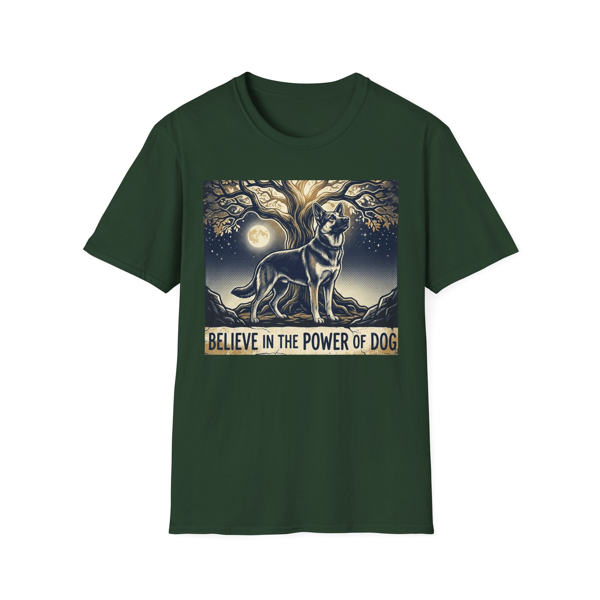 Believe in the Power of Dog German Shepherd T-shirt flat lay in forest green, featuring a vintage-style illustration of a German Shepherd standing under a moonlit tree with the text "Believe in the Power of Dog."
