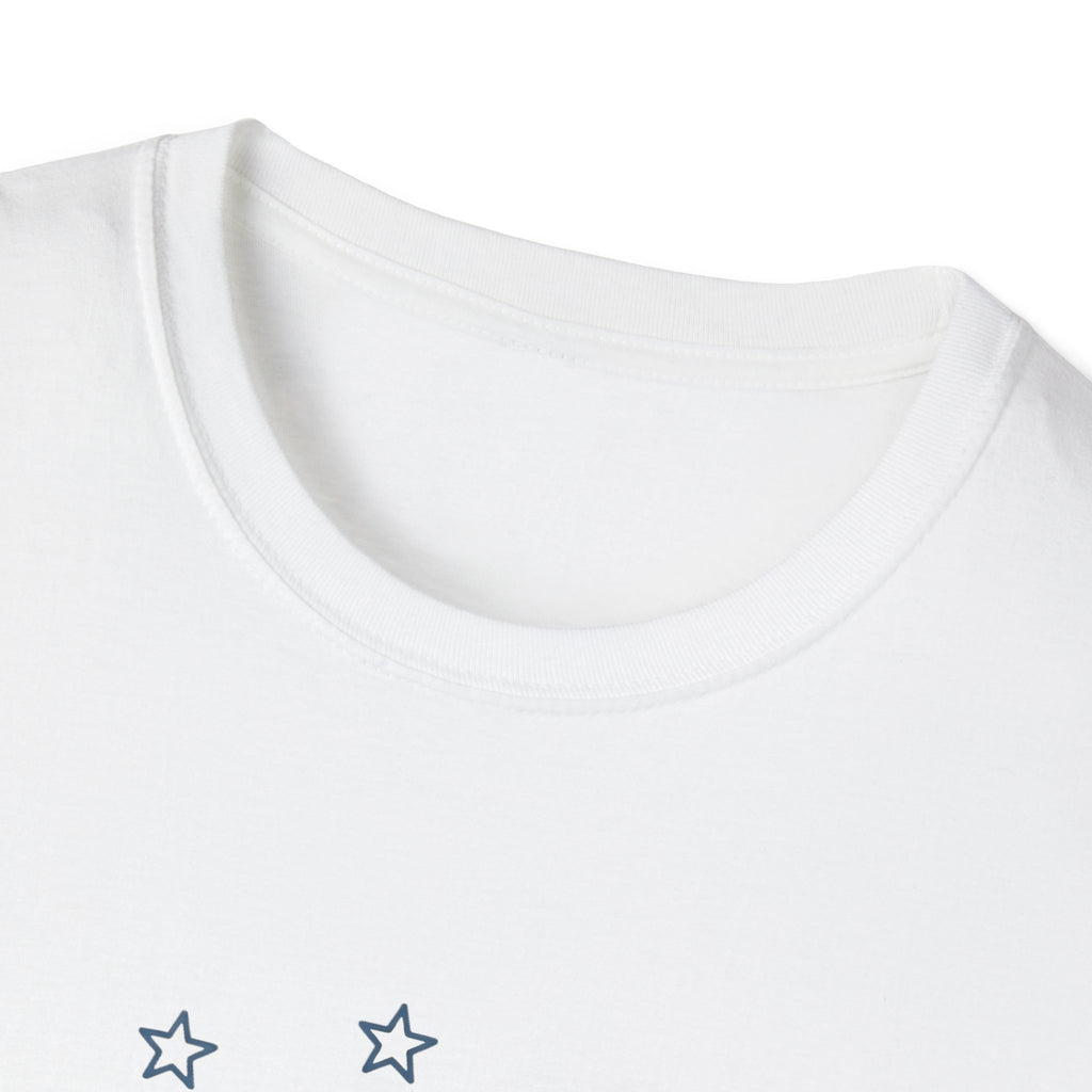 One Nation Under Dog T-Shirt in white, closeup detail of the neckline and top of the chest showing the outline star graphic and clean stitching.