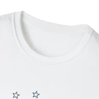 One Nation Under Dog T-Shirt in white, closeup detail of the neckline and top of the chest showing the outline star graphic and clean stitching.