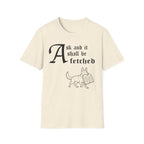 German Shepherd Ask and It Shall Be Fetched T-Shirt flat lay on black shirt featuring a Shel Silverstein-style pen-and-ink illustration of a German Shepherd proudly trotting with stone tablets and the text 'Ask and it shall be fetched.'