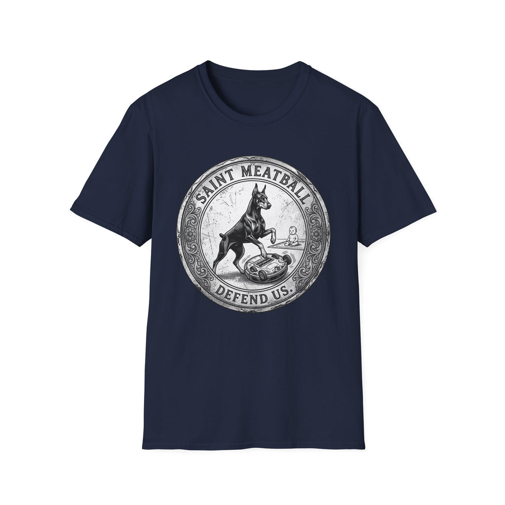 Saint Meatball Defend Us T-Shirt flat lay on navy blue shirt featuring a vintage medallion design with a Doberman Pinscher saint and the text Saint Meatball Defend Us.