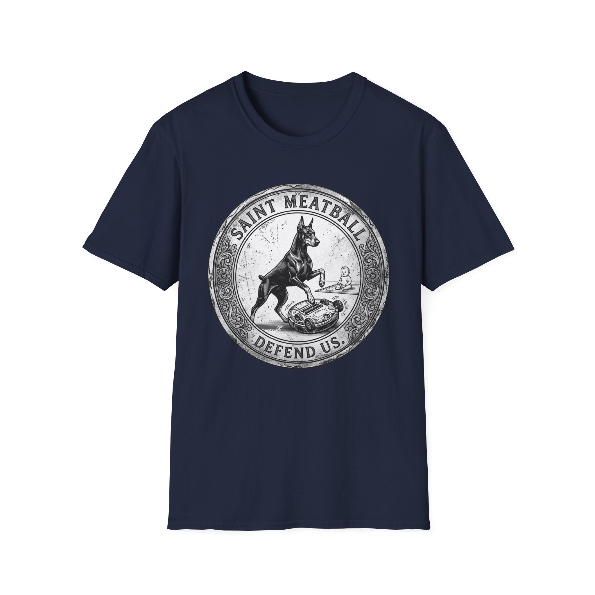 Saint Meatball Defend Us T-Shirt flat lay on navy blue shirt featuring a vintage medallion design with a Doberman Pinscher saint and the text Saint Meatball Defend Us.