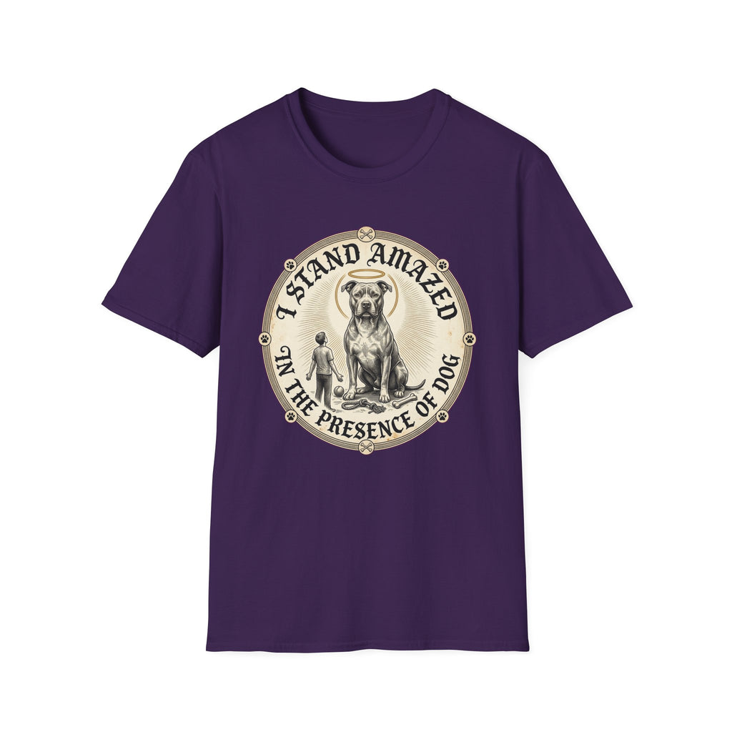 I Stand Amazed Pitbull T-Shirt in purple, flat lay front view showing a vintage-style circular graphic of a pitbull with a halo seated above a small human figure, with the text 'I Stand Amazed in the Presence of Dog.'