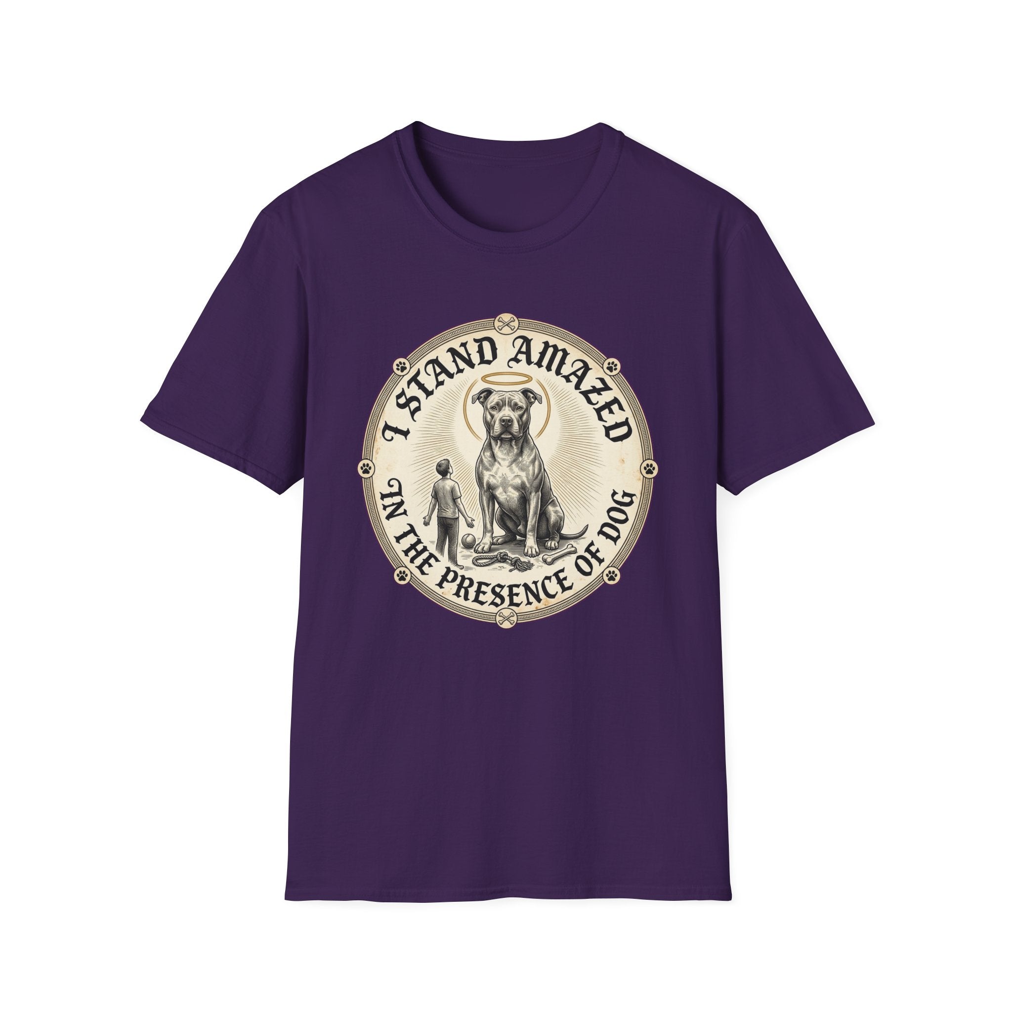 I Stand Amazed Pitbull T-Shirt in purple, flat lay front view showing a vintage-style circular graphic of a pitbull with a halo seated above a small human figure, with the text 'I Stand Amazed in the Presence of Dog.'