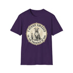 I Stand Amazed Golden Doodle T-Shirt flat lay in purple, featuring a circular vintage-style graphic of a large dog with a halo and the text "I Stand Amazed in the Presence of Dog."