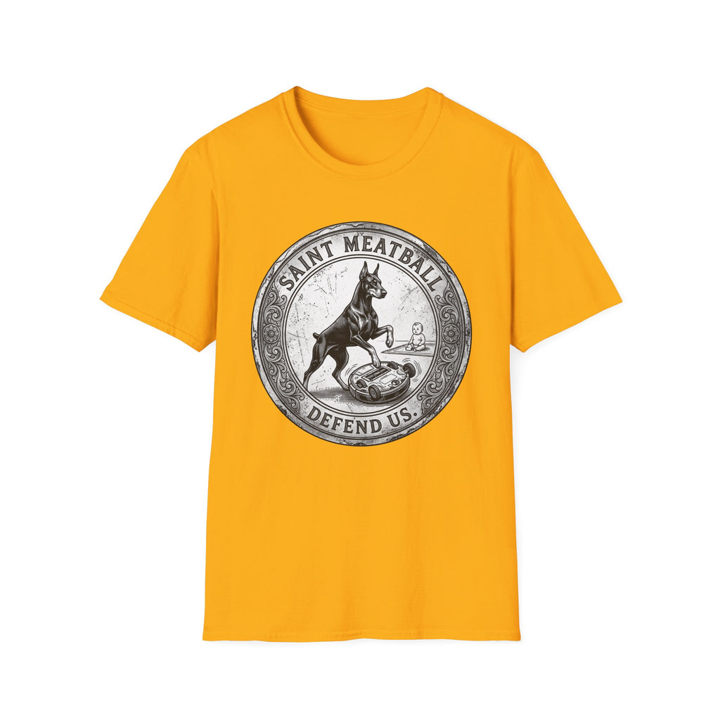 Saint Meatball Defend Us T-Shirt flat lay on yellow shirt featuring a vintage medallion design with a Doberman Pinscher saint and the text Saint Meatball Defend Us.