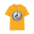 Saint Meatball Defend Us T-Shirt flat lay on yellow shirt featuring a vintage medallion design with a Doberman Pinscher saint and the text Saint Meatball Defend Us.