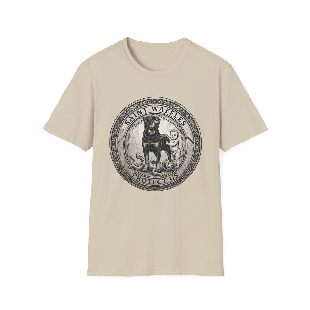Saint Waffles Protect Us T-Shirt flat lay in natural cream, featuring a vintage medallion graphic of a Rottweiler standing protectively beside a small child with the text Saint Waffles Protect Us.