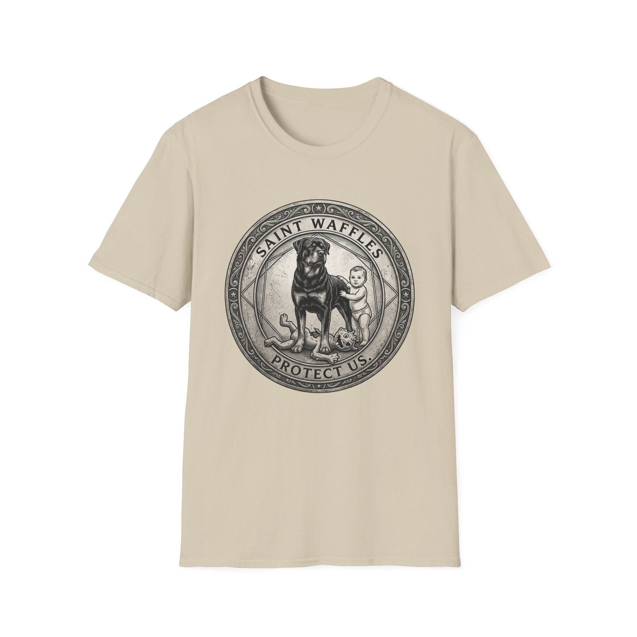 Saint Waffles Protect Us T-Shirt flat lay in natural cream, featuring a vintage medallion graphic of a Rottweiler standing protectively beside a small child with the text Saint Waffles Protect Us.