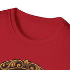 Let Go Let Dog Pug T-Shirt close-up detail on red, showing the top portion of the ornate gold-framed halo pug graphic and fabric texture.