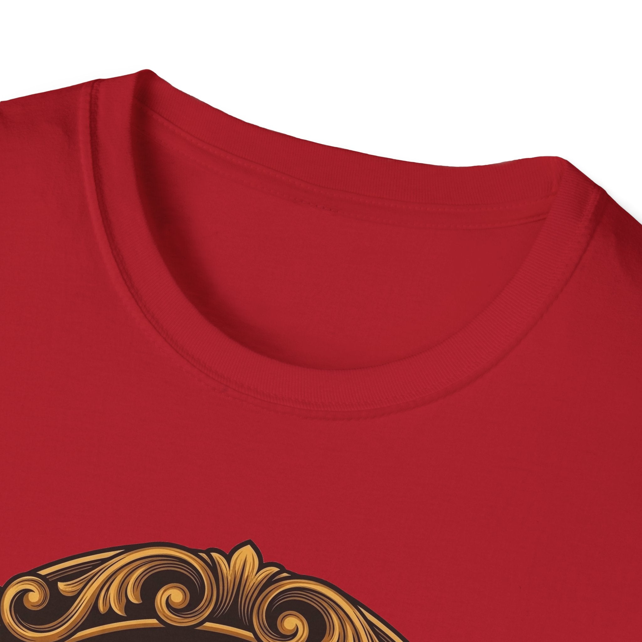 Let Go Let Dog Pug T-Shirt close-up detail on red, showing the top portion of the ornate gold-framed halo pug graphic and fabric texture.