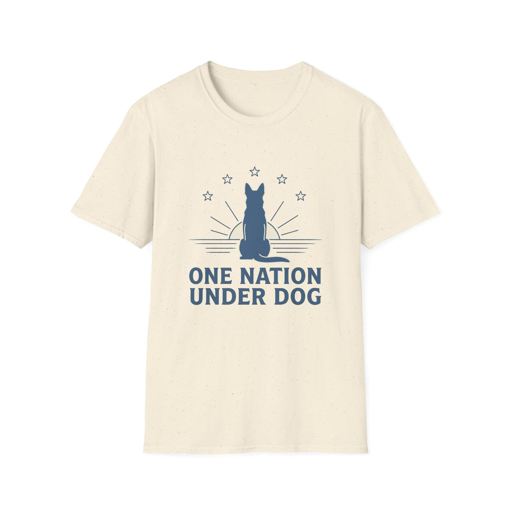 One Nation Under Dog T-Shirt flat lay in natural cream, featuring a blue dog silhouette seated before a rising sun with rays and surrounding stars, with bold text reading 'One Nation Under Dog.'