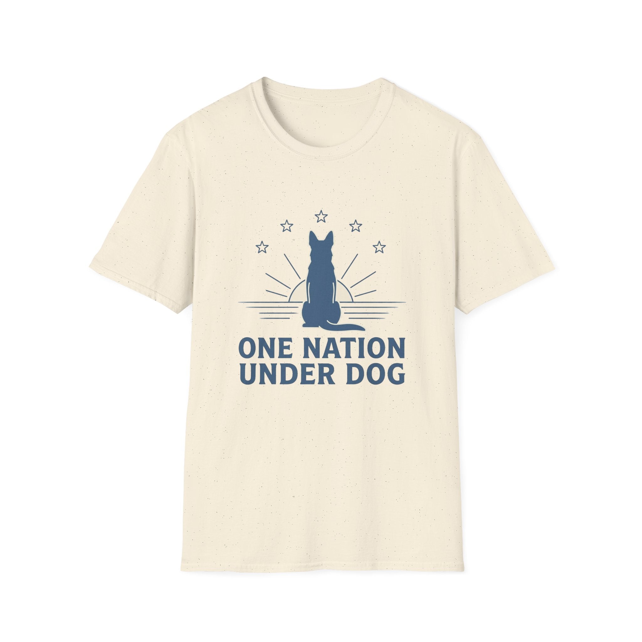 One Nation Under Dog T-Shirt flat lay in natural cream, featuring a blue dog silhouette seated before a rising sun with rays and surrounding stars, with bold text reading 'One Nation Under Dog.'