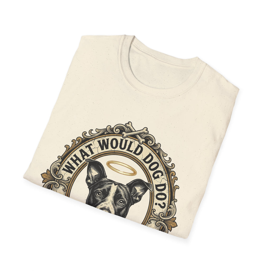 What Would Dog Do T-Shirt folded flat lay on natural cream shirt showing the halo-wearing pit bull and What Would Dog Do? WWDD ornate frame design.