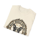 What Would Dog Do T-Shirt folded flat lay on natural cream shirt showing the halo-wearing pit bull and What Would Dog Do? WWDD ornate frame design.