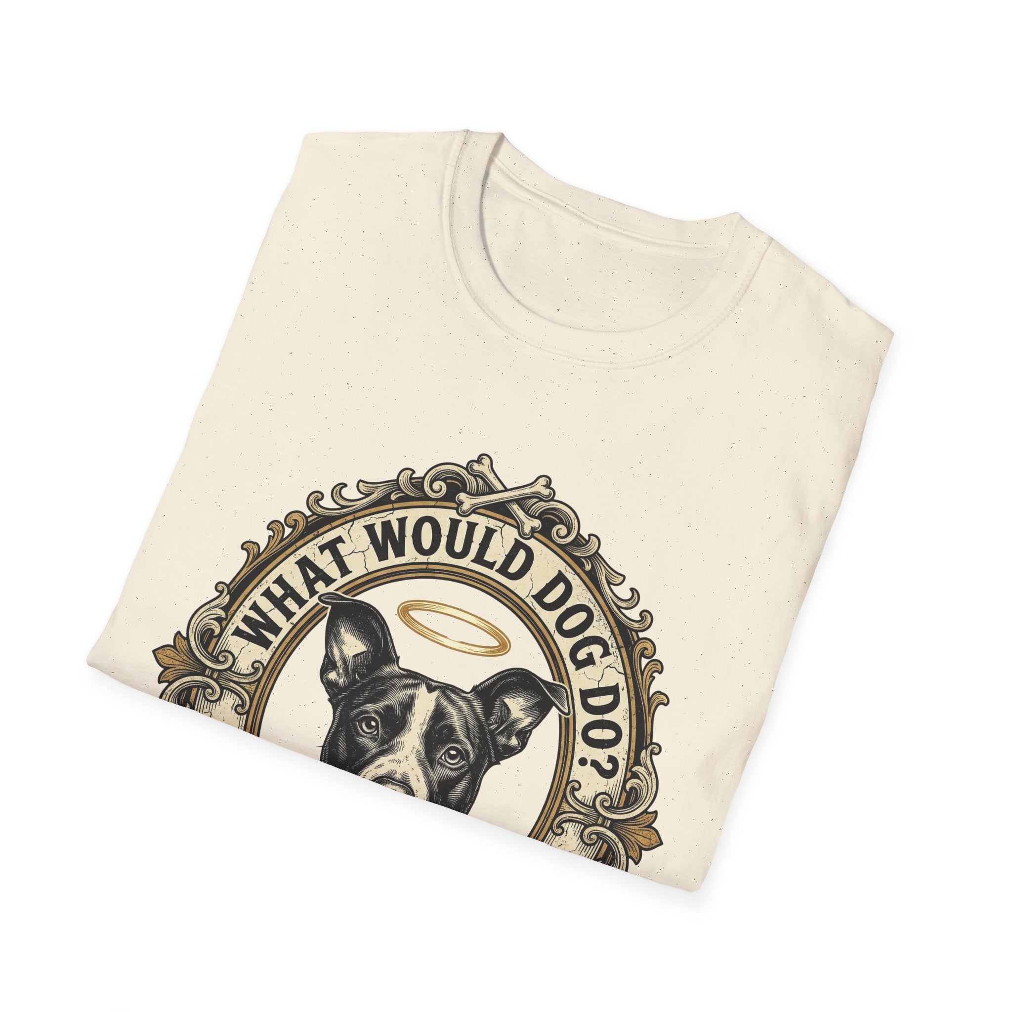 What Would Dog Do T-Shirt folded flat lay on natural cream shirt showing the halo-wearing pit bull and What Would Dog Do? WWDD ornate frame design.