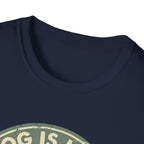 Dog is Love T-Shirt close-up detail of the collar and top of the vintage circular badge graphic on a navy blue shirt.