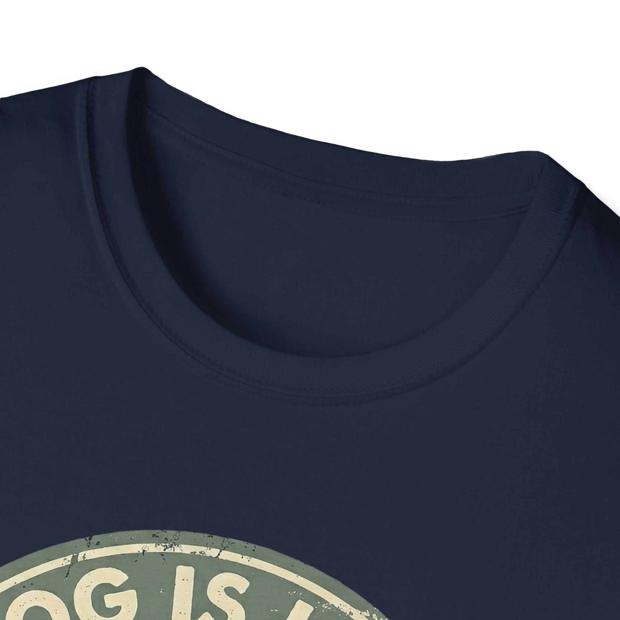 Dog is Love T-Shirt close-up detail of the collar and top of the vintage circular badge graphic on a navy blue shirt.