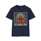 Let Go Let Dog Pug T-Shirt, flat lay on navy tee featuring a vintage-style graphic of a red setter dog with paws raised encircled by stars and the text Let Go and Let Dog.