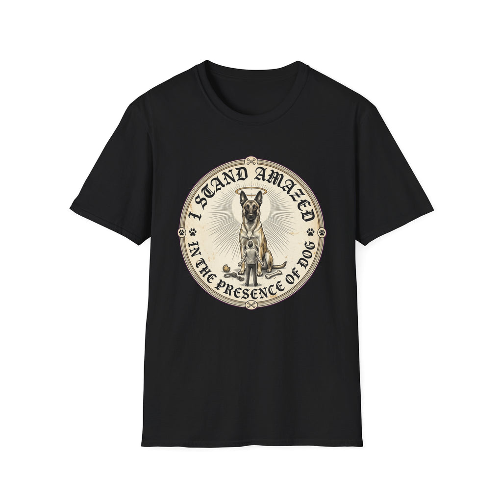 I Stand Amazed Belgian Malinois T-Shirt in black, flat lay front view featuring a vintage-style circular graphic of a Belgian Malinois with a halo, with the text 'I Stand Amazed in the Presence of Dog.'