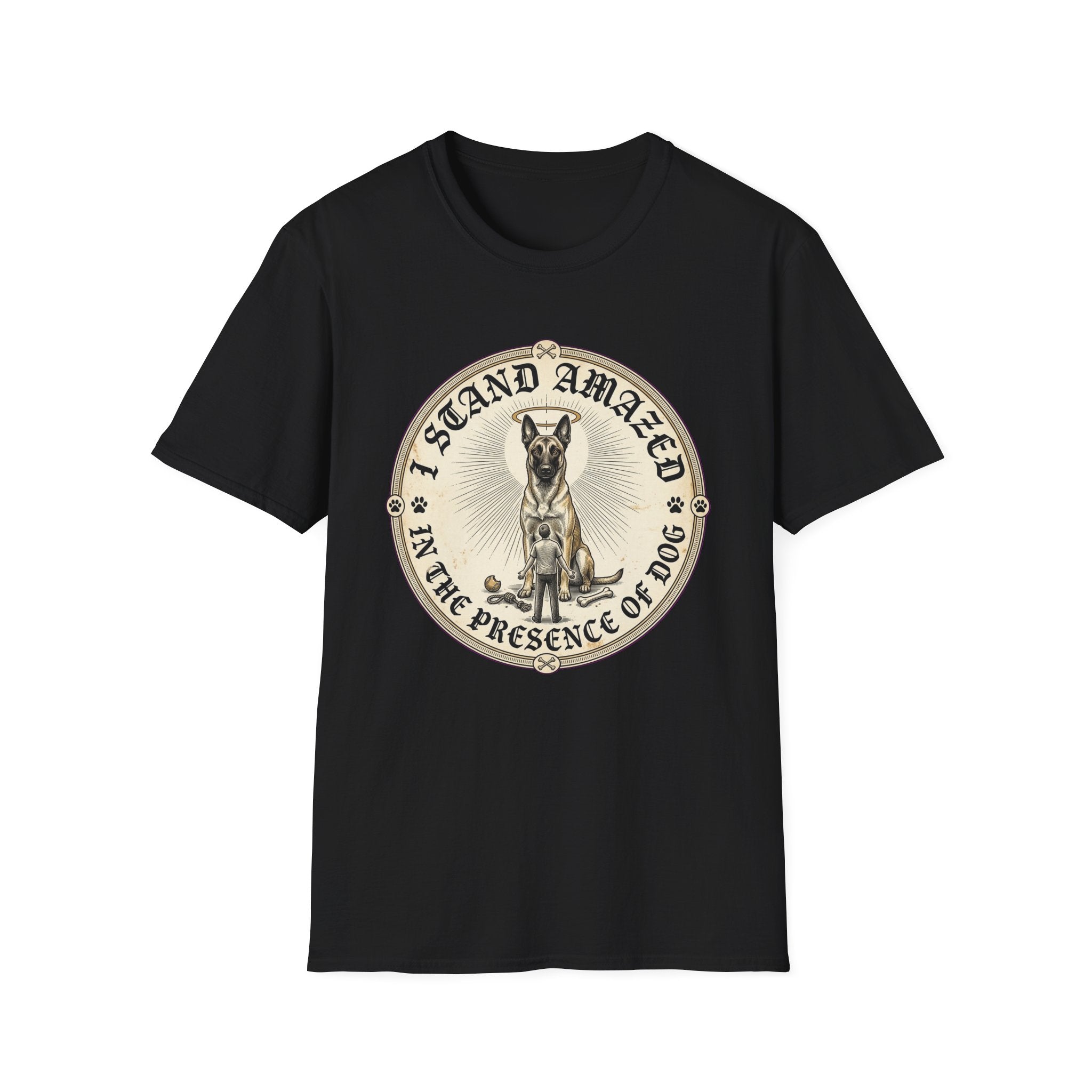 I Stand Amazed Belgian Malinois T-Shirt in black, flat lay front view featuring a vintage-style circular graphic of a Belgian Malinois with a halo, with the text 'I Stand Amazed in the Presence of Dog.'