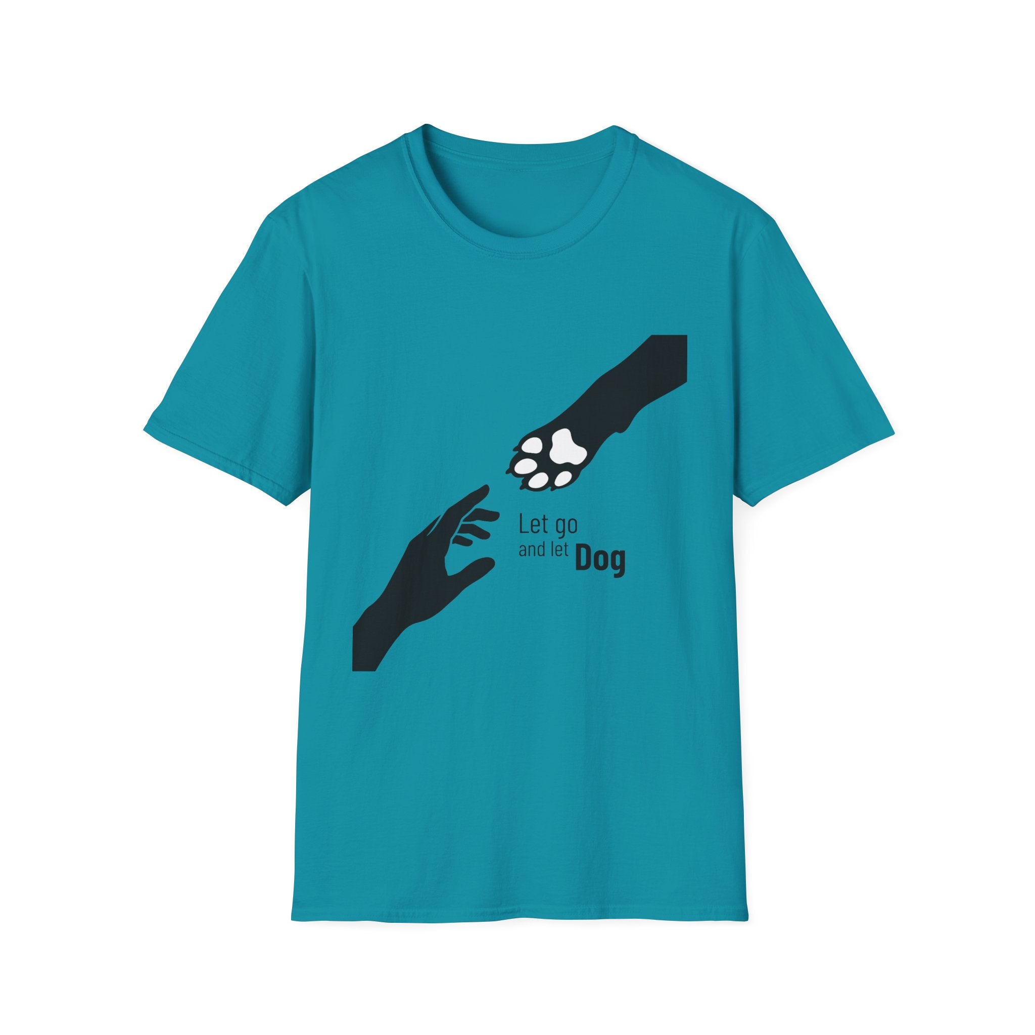 Let Go Let Dog Paw T-Shirt, flat lay on teal tee featuring a bold silhouette graphic of a human hand reaching toward a dog paw with the text Let go and let Dog.