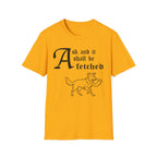 Border Collie Ask and It Shall Be Fetched T-Shirt flat lay on black shirt featuring a Shel Silverstein-style pen-and-ink illustration of a Border Collie proudly trotting with a dove held gently in its mouth and the text 'Ask and it shall be fetched.'
