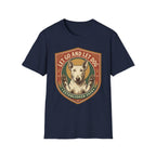 Let Go Let Dog Bull Terrier T-Shirt in navy blue, flat lay, featuring a vintage shield badge with a white bull terrier raising both paws and the text 'Let Go and Let Dog, Established 2024'.