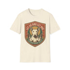 Let Go Let Dog Bull Terrier T-Shirt in natural cream, flat lay, featuring a vintage shield badge with a white bull terrier raising both paws and the text 'Let Go and Let Dog, Established 2024'.