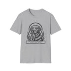 Holy Orders | Golden Retriever T-Shirt detail view featuring a stained glass style illustration of a Golden Retriever depicted as a holy figure with a golden halo and the text 'Holy Orders.'