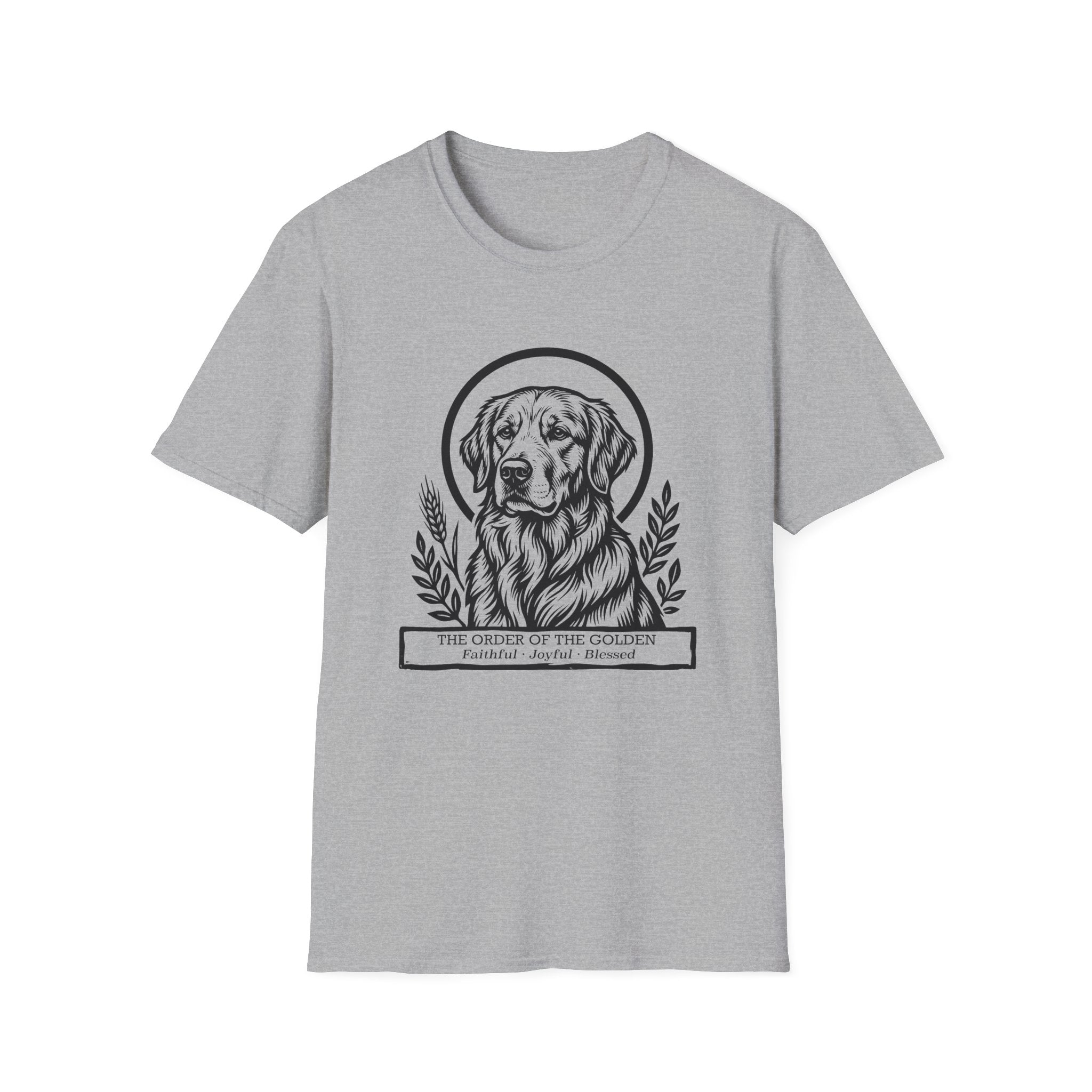 Holy Orders | Golden Retriever T-Shirt detail view featuring a stained glass style illustration of a Golden Retriever depicted as a holy figure with a golden halo and the text 'Holy Orders.'