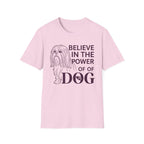 Believe in the Power of Dog Shih Tzu Line Art T-Shirt in light pink, flat lay, featuring a minimalist dark line art illustration of a Shih Tzu alongside bold text reading Believe in the Power of Dog with a paw print accent.