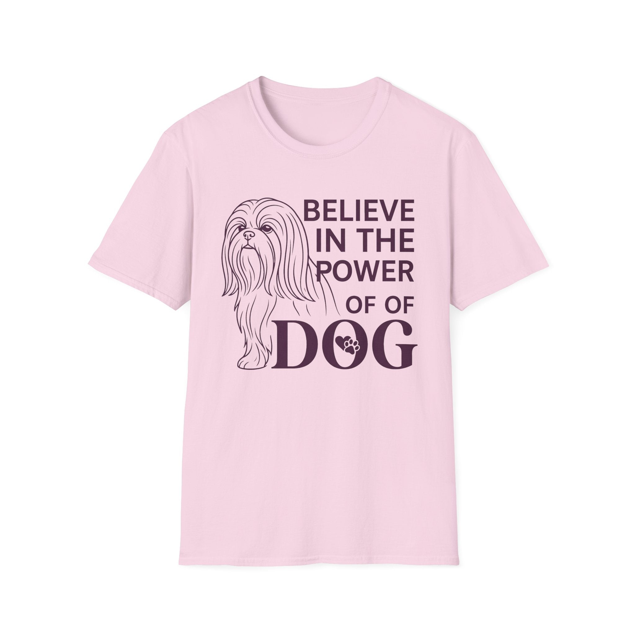 Believe in the Power of Dog Shih Tzu Line Art T-Shirt in light pink, flat lay, featuring a minimalist dark line art illustration of a Shih Tzu alongside bold text reading Believe in the Power of Dog with a paw print accent.