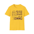 Believe in the Power of Dog Shih Tzu Line Art T-Shirt in yellow gold, flat lay, featuring a minimalist dark line art illustration of a Shih Tzu alongside bold text reading Believe in the Power of Dog with a paw print accent.